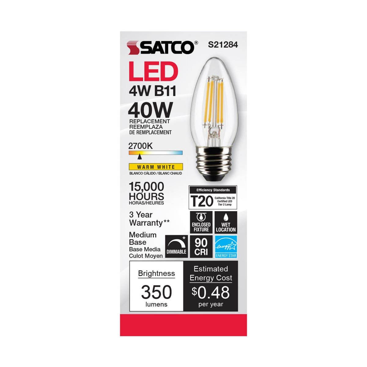 Satco LED Medium Base 40W Equivalent Torpedo Bulb – 4W – E26 Edison Base – Clear – 2700K