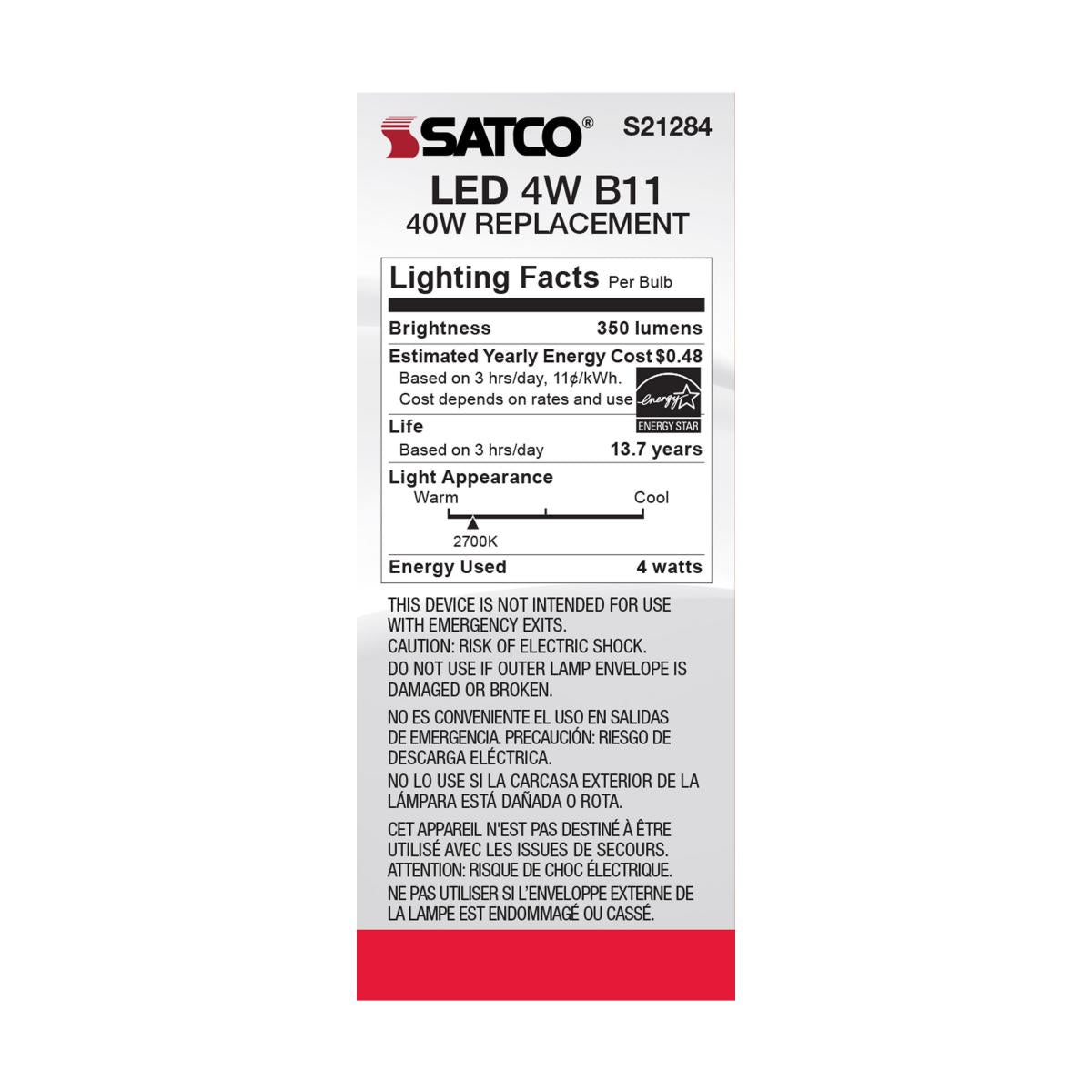Satco LED Medium Base 40W Equivalent Torpedo Bulb – 4W – E26 Edison Base – Clear – 2700K