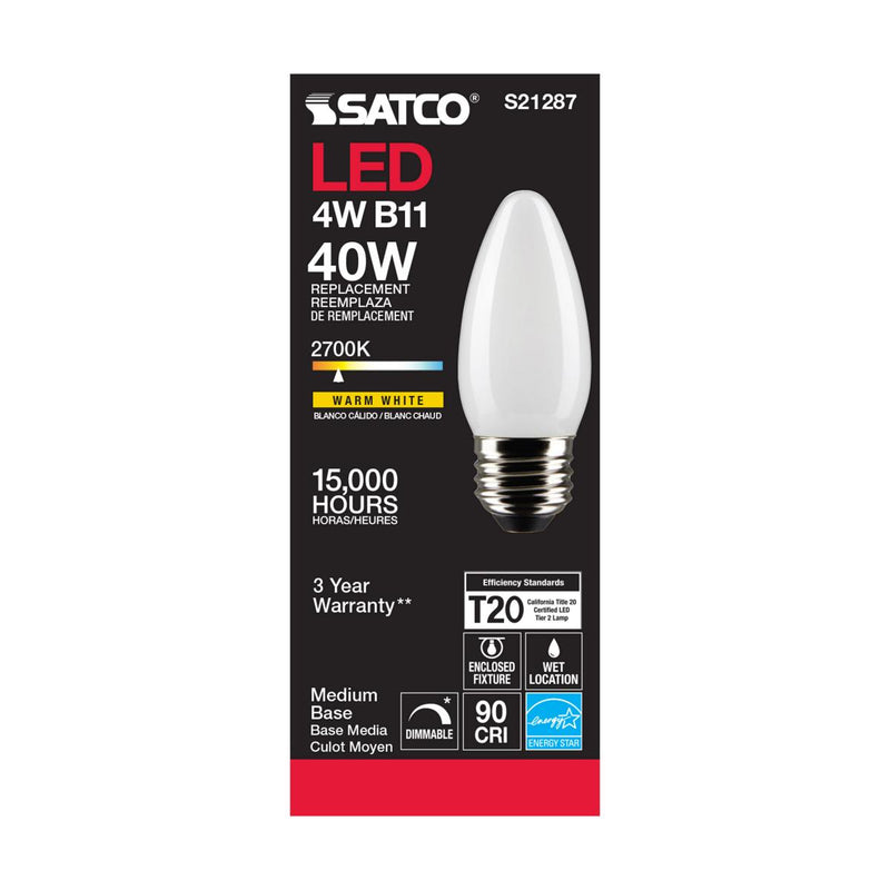 Satco LED Medium Base 40W Equivalent Torpedo Bulb – 4W – Frosted – E26 Edison Base – Warm White – 2700K