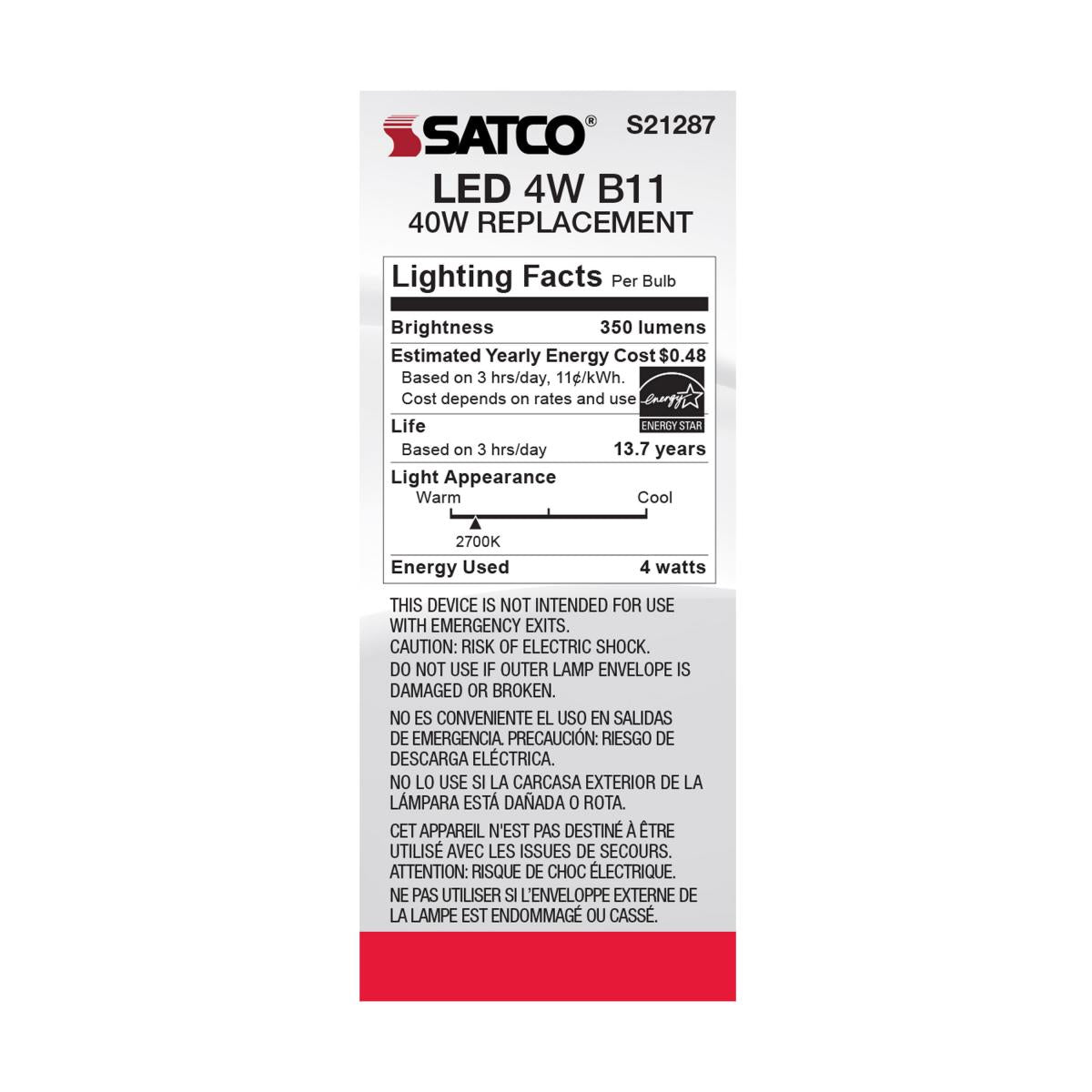 Satco LED Medium Base 40W Equivalent Torpedo Bulb – 4W – Frosted – E26 Edison Base – Warm White – 2700K
