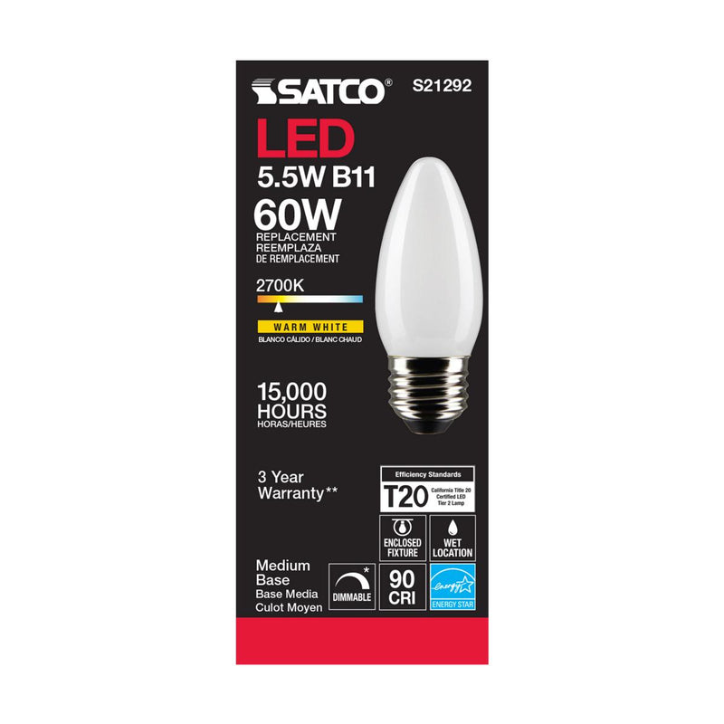 Satco LED Medium Base 60W Equivalent Torpedo Bulb – 5.5W – E26 Edison Base – Frosted – Warm White – 2700K