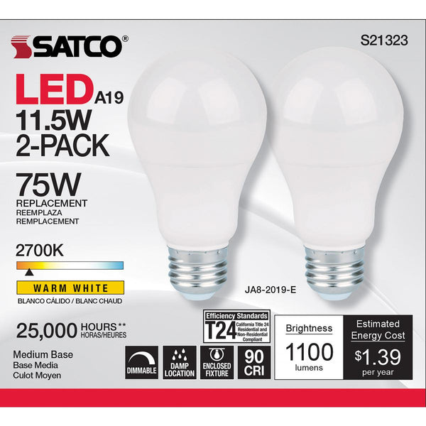 Satco LED Classic A19 Bulb – 11.5W – 75W Equivalent – E26 Base – Warm White – 2700K – Pack of 2