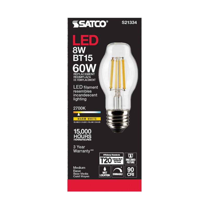 Satco LED BT15 Bulb – 8W – 60W Equivalent – E26 Base – Clear – 2700K