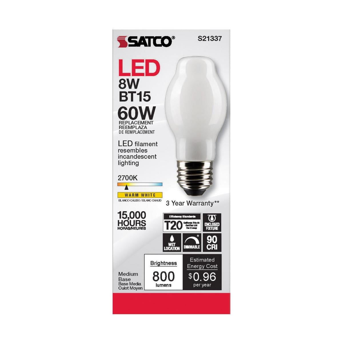 Satco LED Frosted BT15 Bulb – 8W – 60W Equivalent – E26 Base – Warm White – 2700K