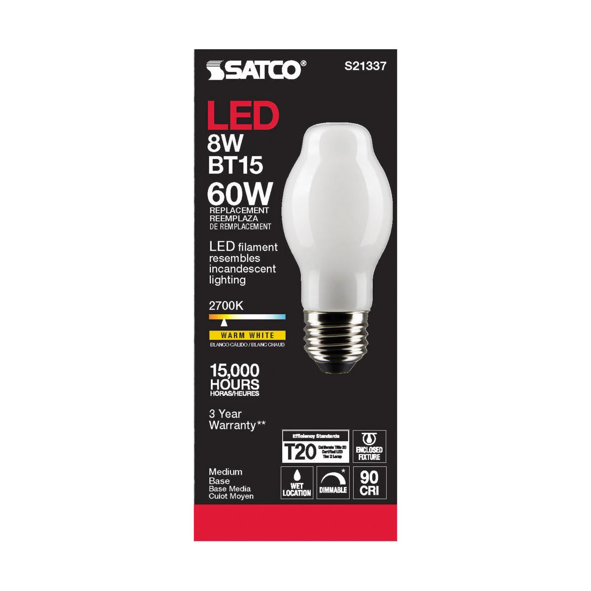 Satco LED Frosted BT15 Bulb – 8W – 60W Equivalent – E26 Base – Warm White – 2700K