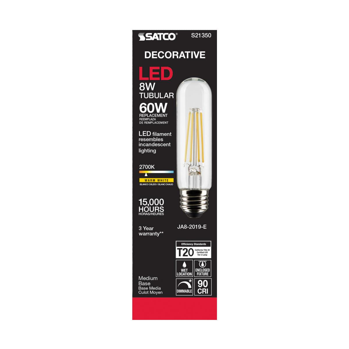 Satco LED T10 Bulb – 8W – 60W Equivalent – E26 Base – Clear – 2700K
