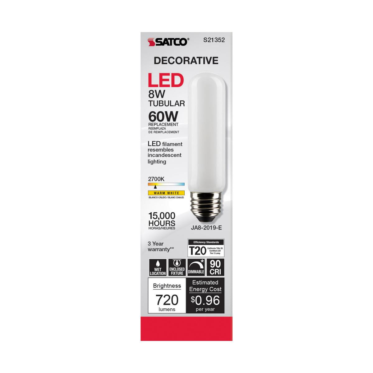 Satco LED T10 Tubular Light Bulb – 8W – 60W Equivalent – E26 Base – Warm White – 2700K