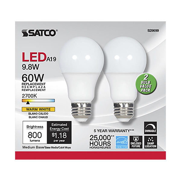 Satco LED A19 Classic Light Bulb Replacement – 9.8W – 60W Equivalent – E26 Base – Warm White – 2700K – Pack of 2