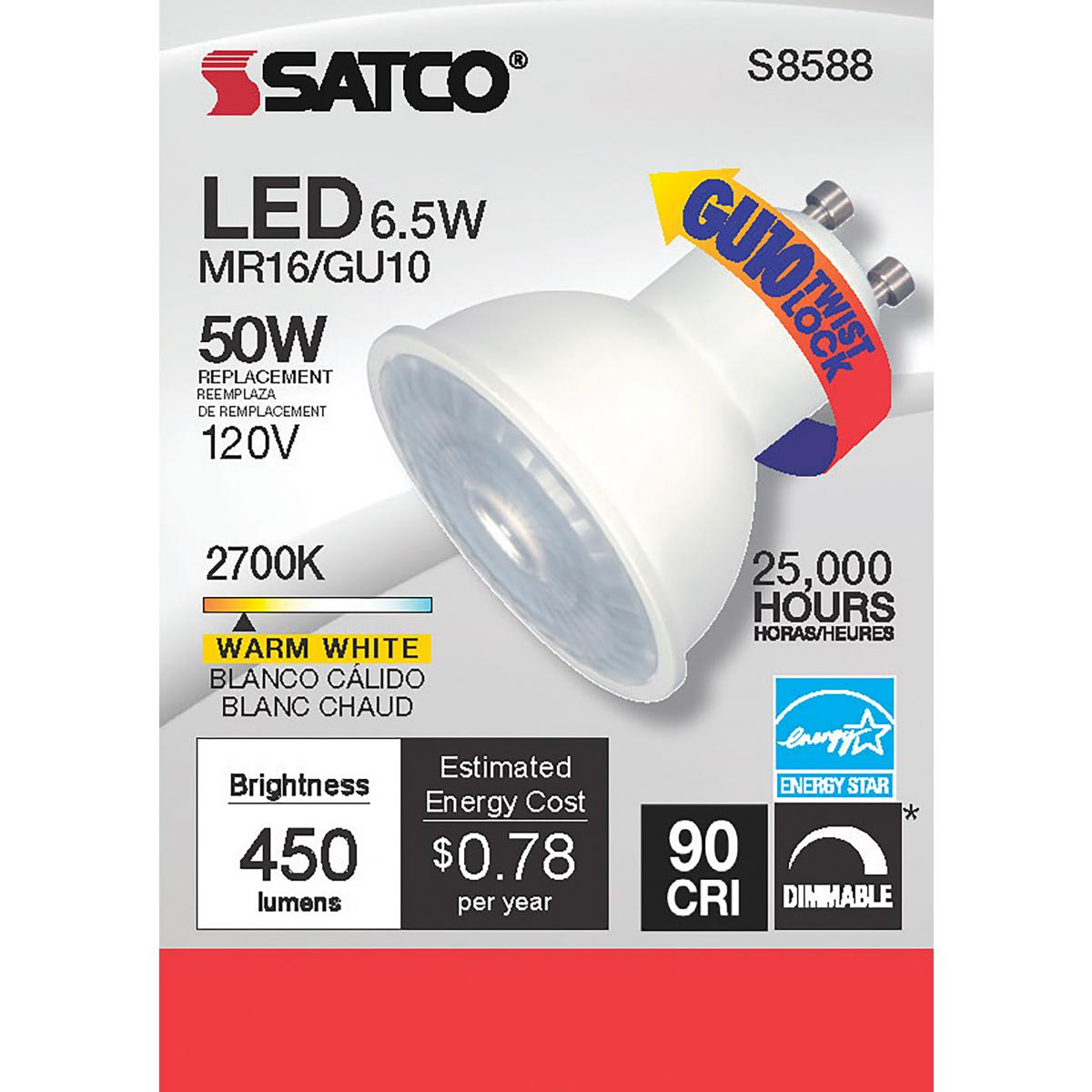 Satco LED MR16 Twist-Lock Gu10 Bulb – 6.5W – 50W Halogen Equivalent – GU10 Base – Warm White – 2700K