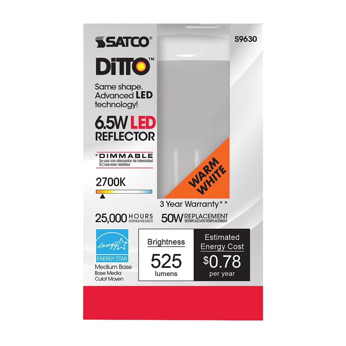Satco LED Reflector R20 Light Bulb – 6.5W – 50W Equivalent – E26 Base – Warm White – 2700K