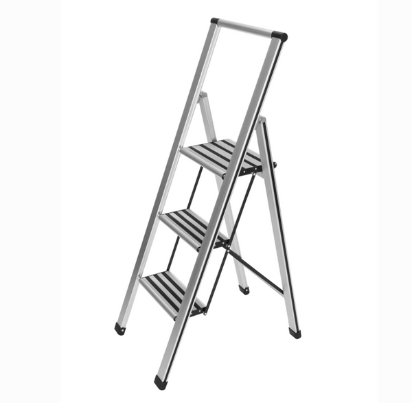 WENKO Premium Folding Aluminum Step Ladder  - 3 Steps - Silver