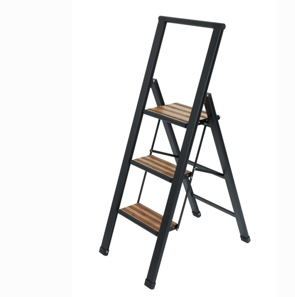 WENKO Premium Folding Aluminum Step Ladder  - 3 Steps - Black