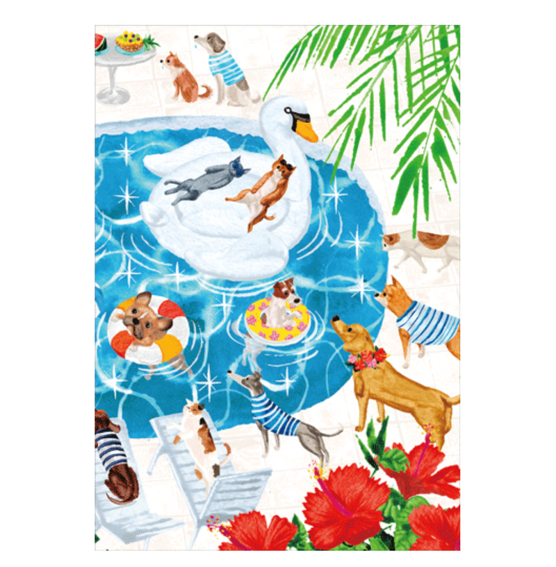 Caspari Pool Party Pets Birthday Card – 1 Card & 1 Envelope