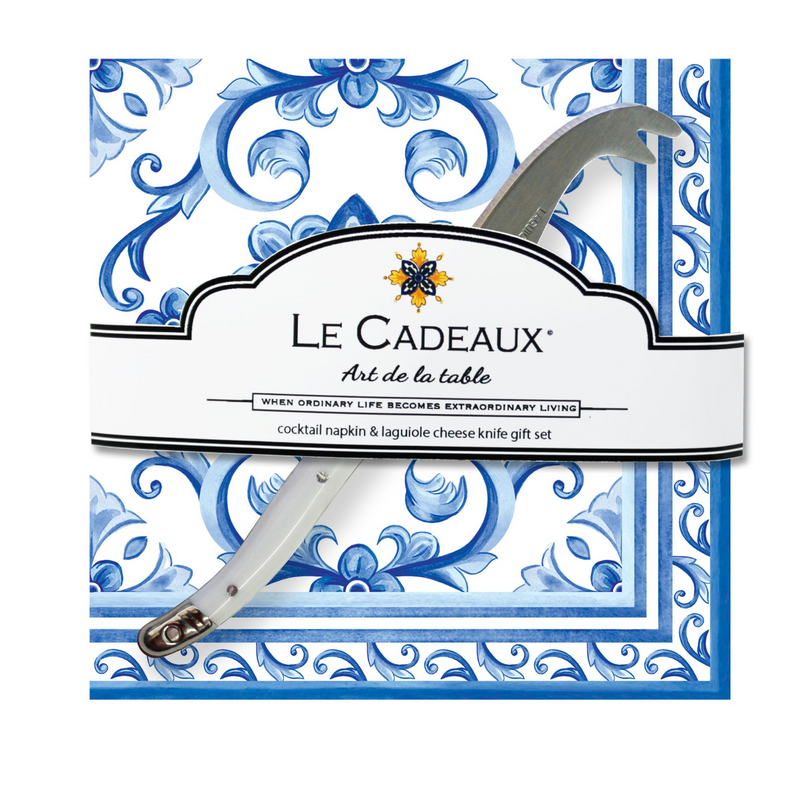 Le Cadeaux Mallorca Gift Set - 20 Cocktail Napkins With Laguiole Mini Cheese Knife