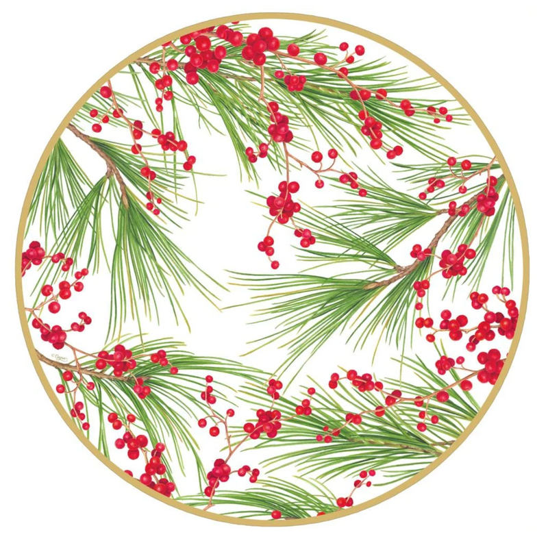 Caspari Berries And Pine Round Paper Placemats - 12 Per Package