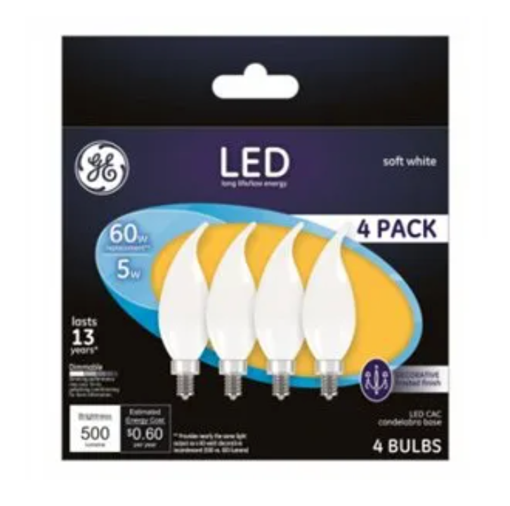 GE LED Decorative Flame Tip Candelabra Light Bulb – Frosted – 5 Watt – 60W Equivalent – 4-Pk