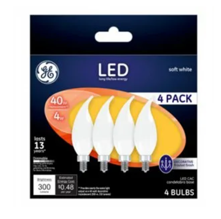 GE LED Decorative Flame Tip Candelabra Light Bulb – Frosted – 4 Watt = 40W Equivalent – 4-Pk