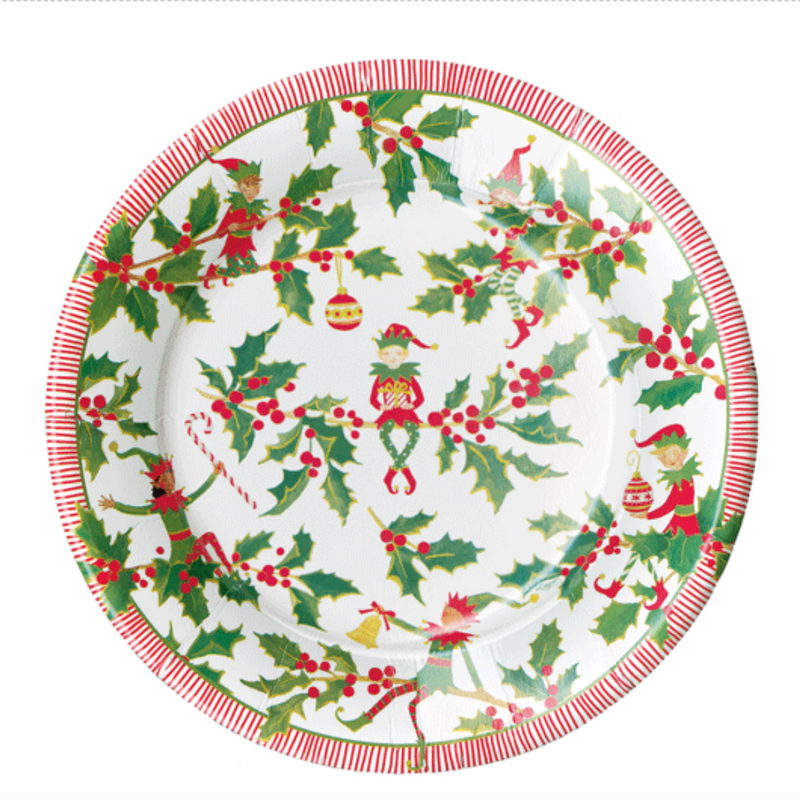 Caspari Jingle Elves Round Paper Salad & Dessert Plates - 8pk