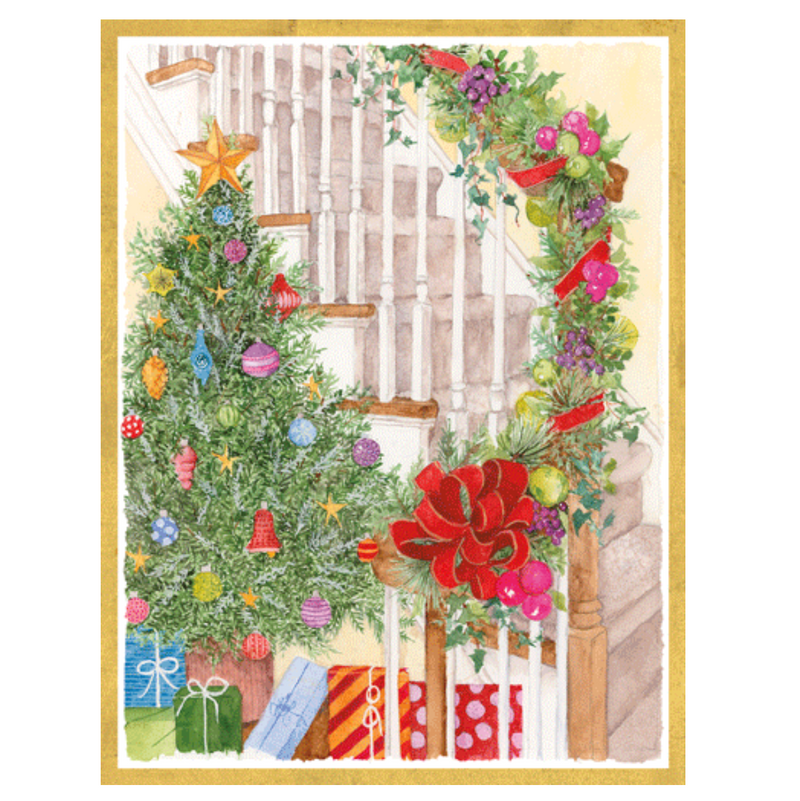 Caspari Decorated Staircase Boxed Christmas Cards – 16 Cards/Envelopes