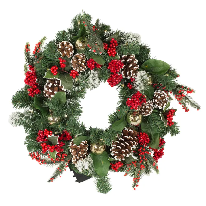 LED Holly Berry and Pinecone Battery-Operated Wreath – 18"