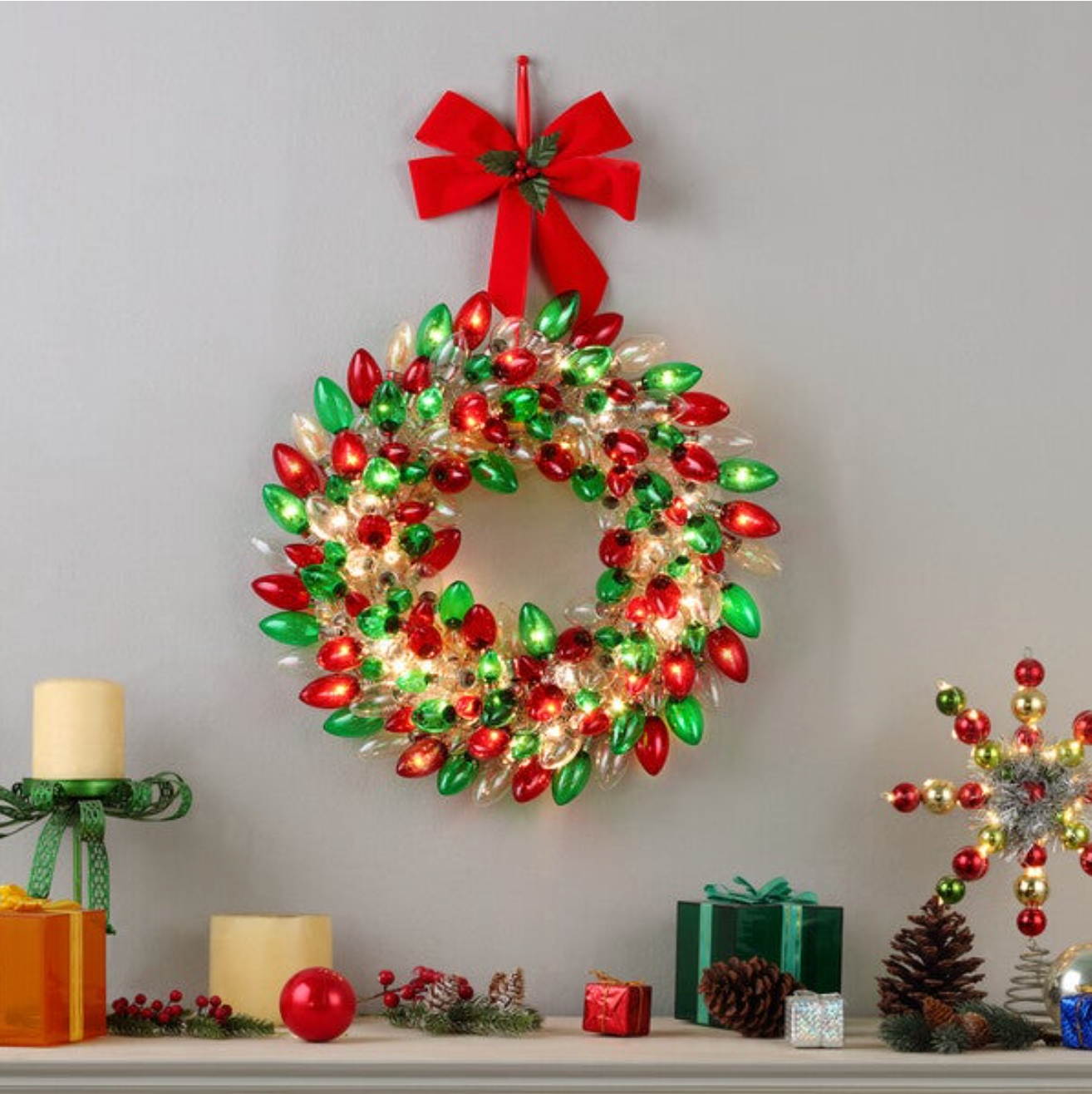 Mr. Christmas LED Multicolored Bulb Wreath Indoor Christmas Decor – 18 in.