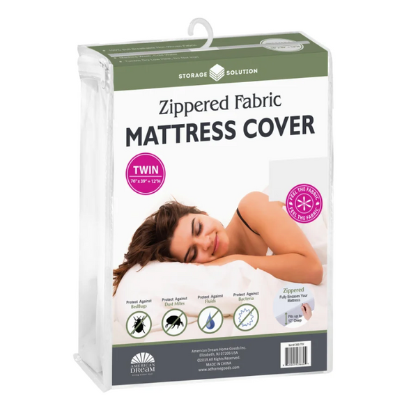 Zippered Fabric Mattress Cover – White – Twin Size – 12" Deep