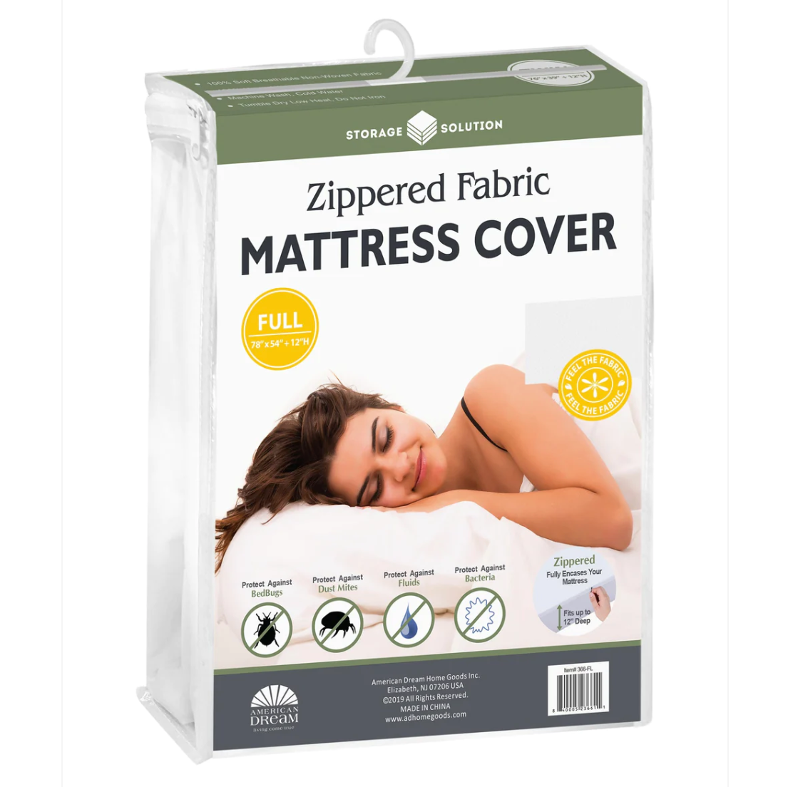 Zippered Fabric Mattress Cover – White – Full Size – 12" Deep