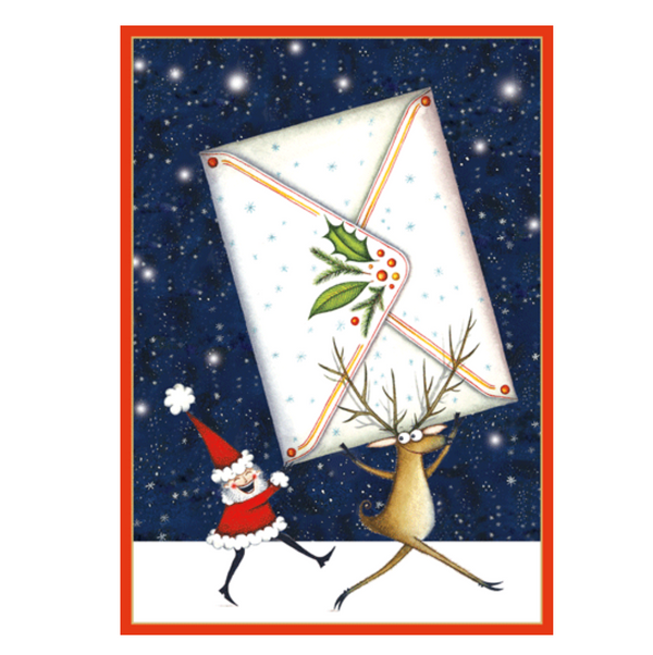 Caspari Santa And Reindeer Boxed Christmas Cards – 16 Cards/Envelopes