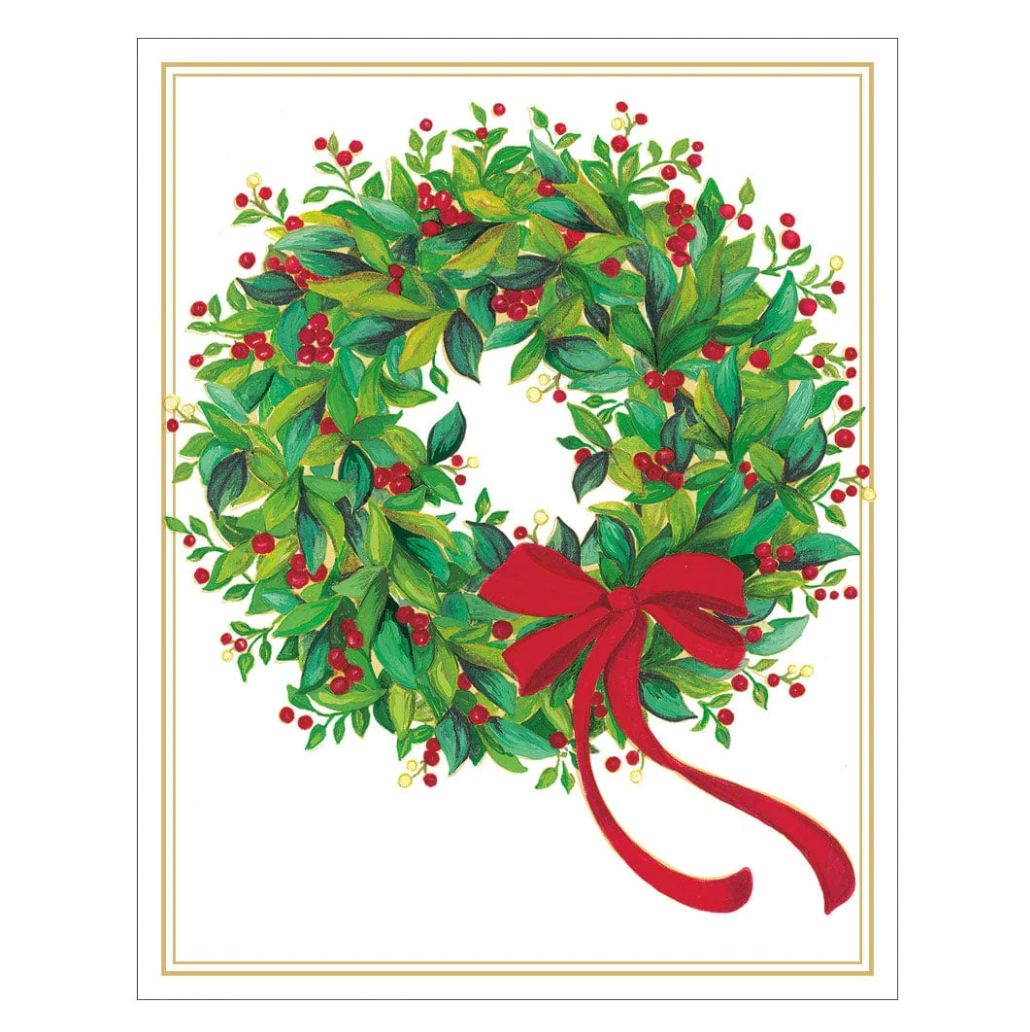 Caspari Holly And Berry Wreath Mini Boxed Christmas Cards - 16 Cards/Envelopes