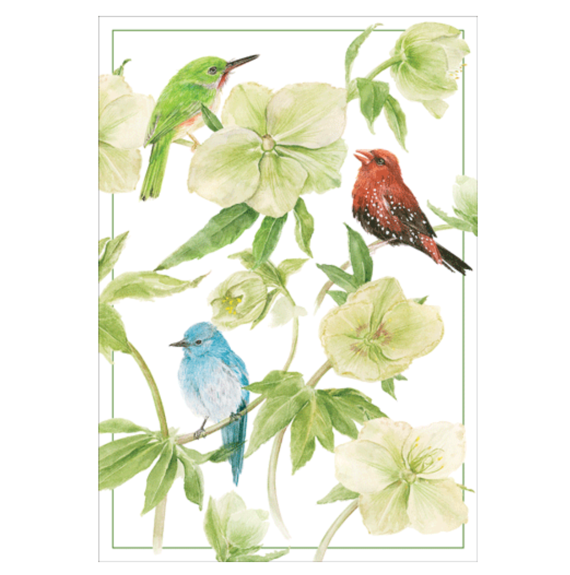 Caspari Birds And Hellebore – Blank Inside Card – 1 Card & 1 Envelope