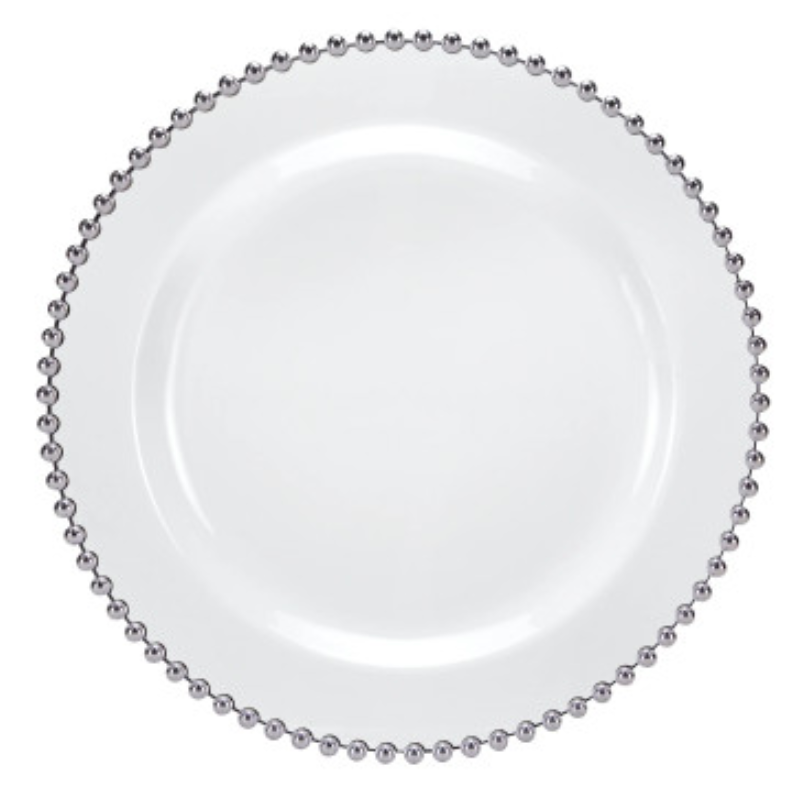 Beaded Premium Plastic Dinner Plates – White With Silver Trim - 10.75" – Set of 10