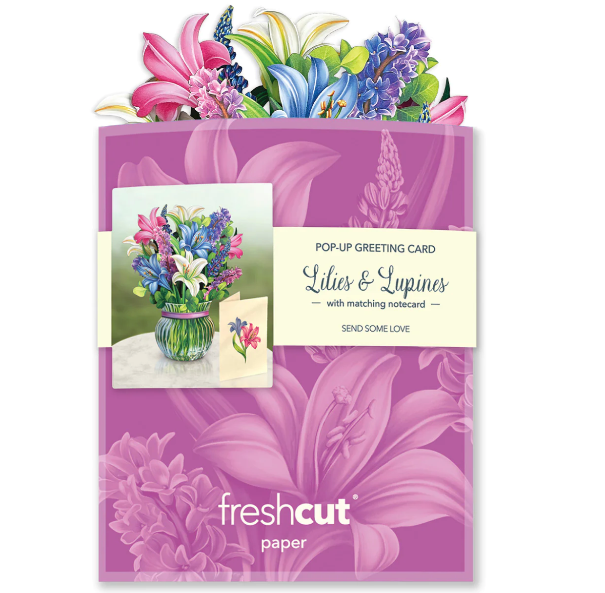 Fresh Cut Paper 3D Pop Up Flower Greeting Note Card – Lilies & Lupines – 6" x 5"