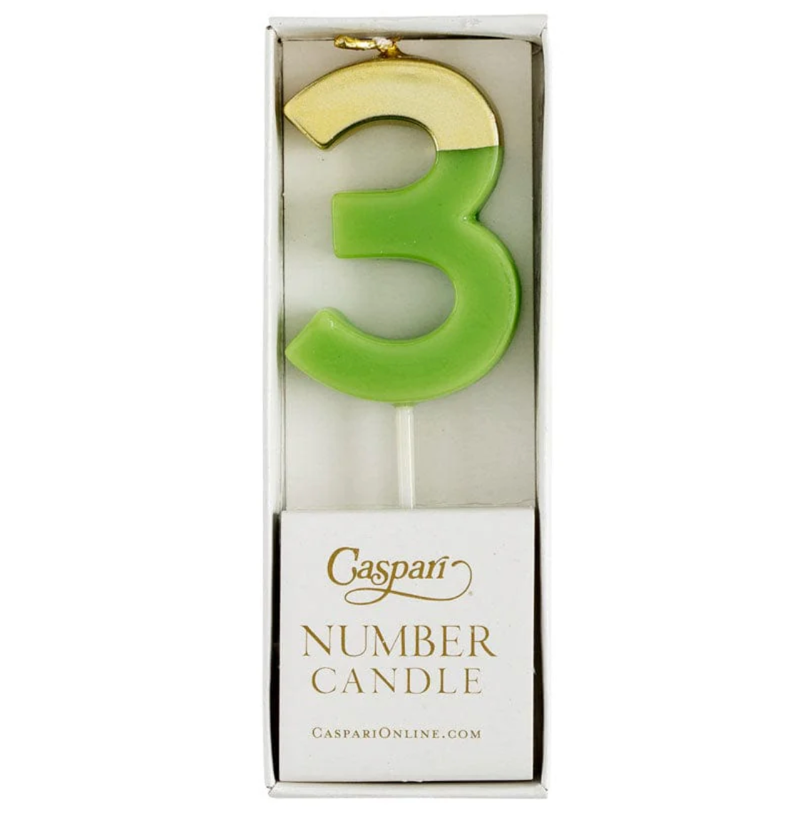 Caspari Gold-Dipped Die-Cut Number Candle – Moss Green – "3"