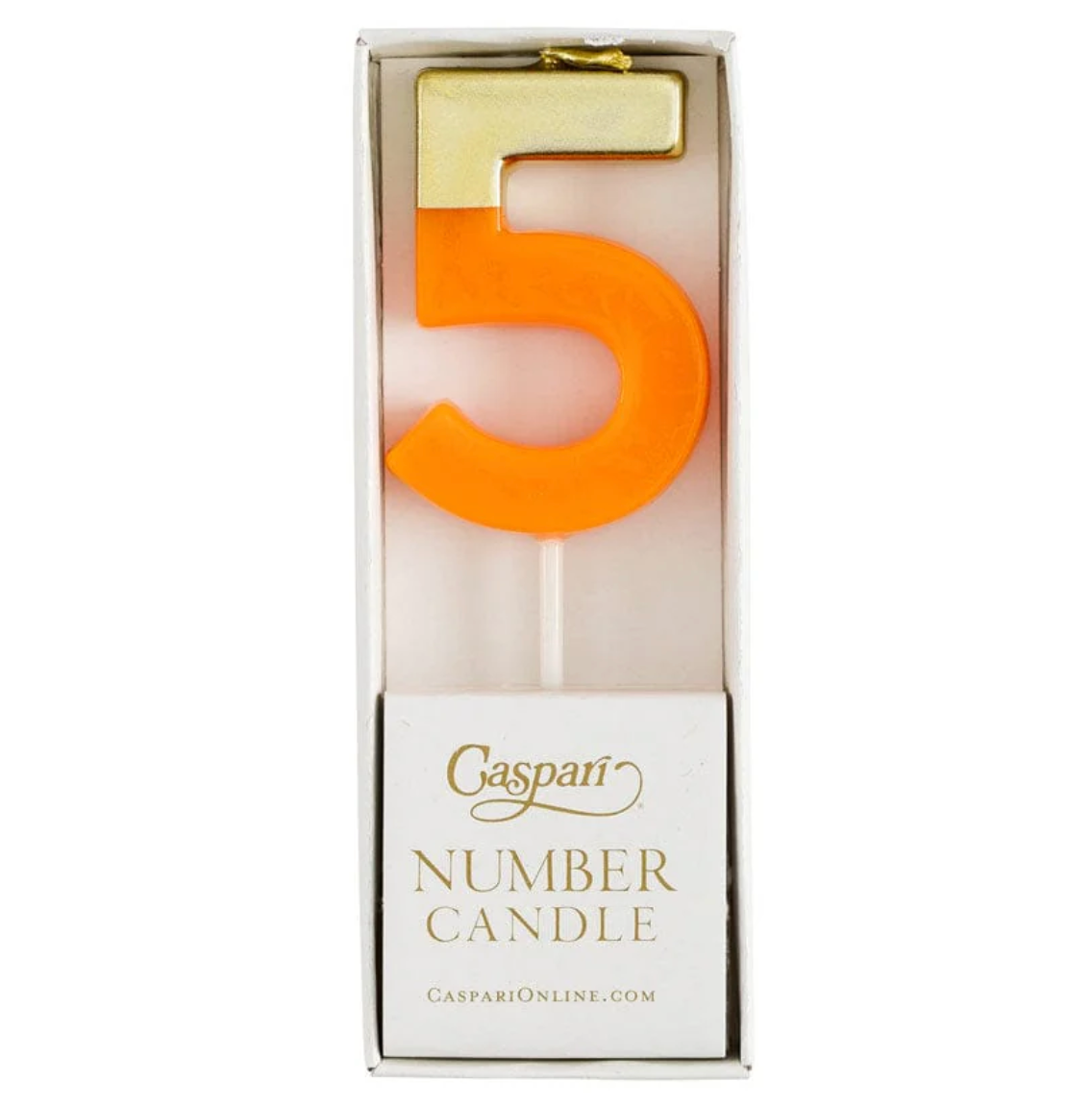 Caspari Gold-Dipped Die-Cut Number Candle – Bright Orange – "5"