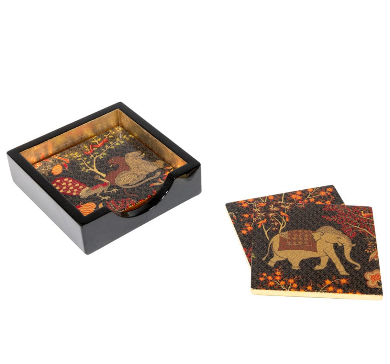 Caspari Le Jardin De Mysore Lacquer Coaster - 4" – Set of 4