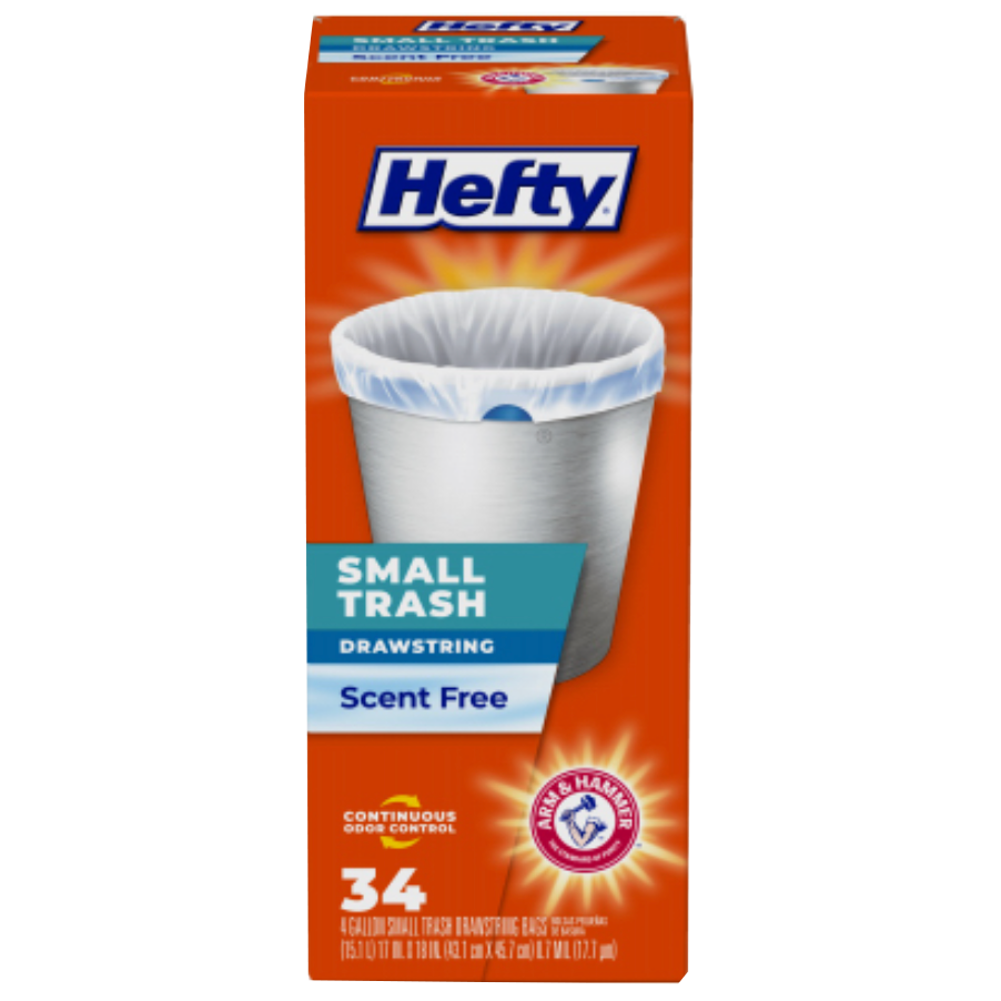 Hefty Draw String Small Trash Bags – 4 Gallon – Scent Free – 34 Count