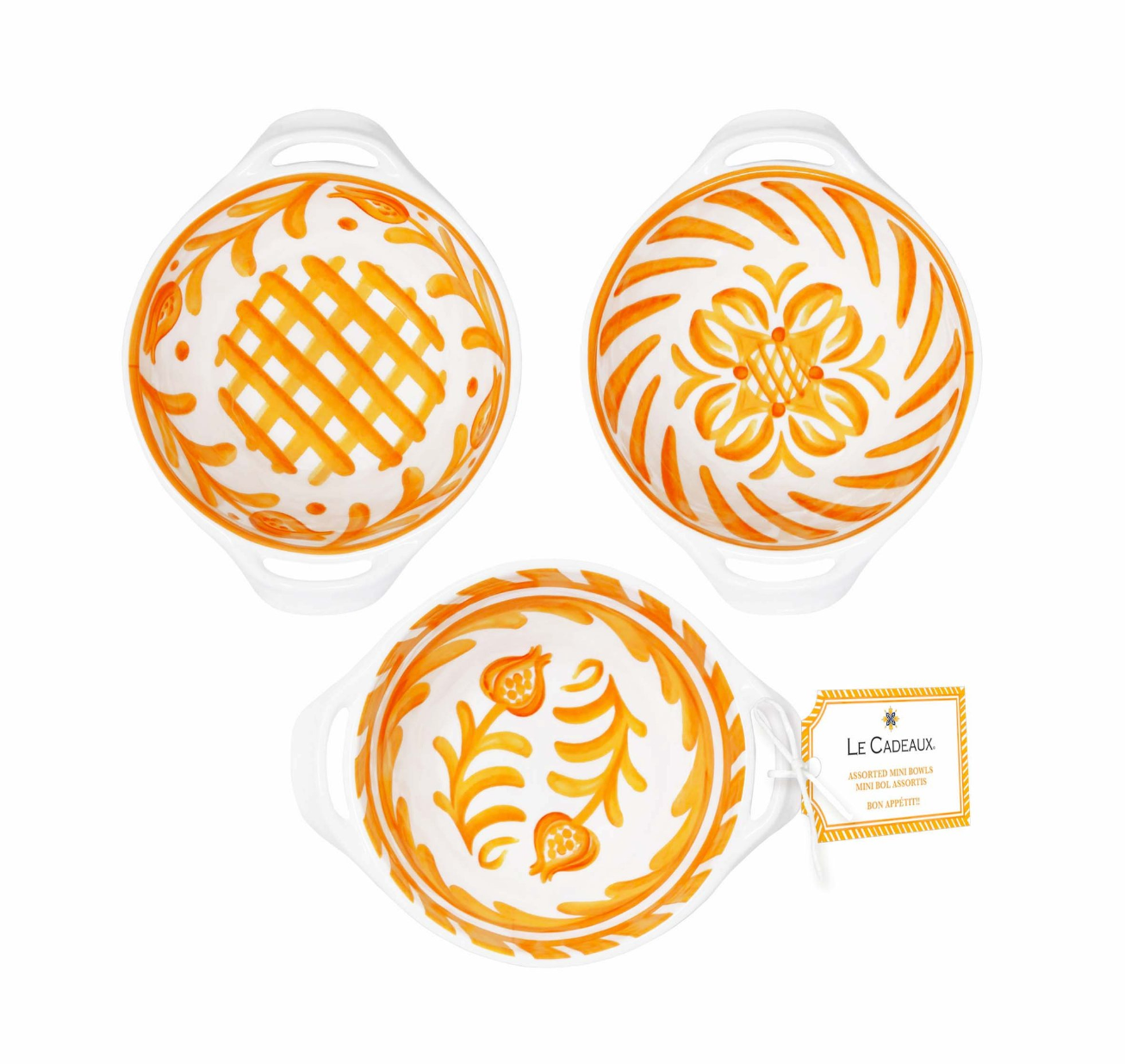 Le Cadeaux Melamine Mini Handled Bowls – Set of 3 – Sicily Orange