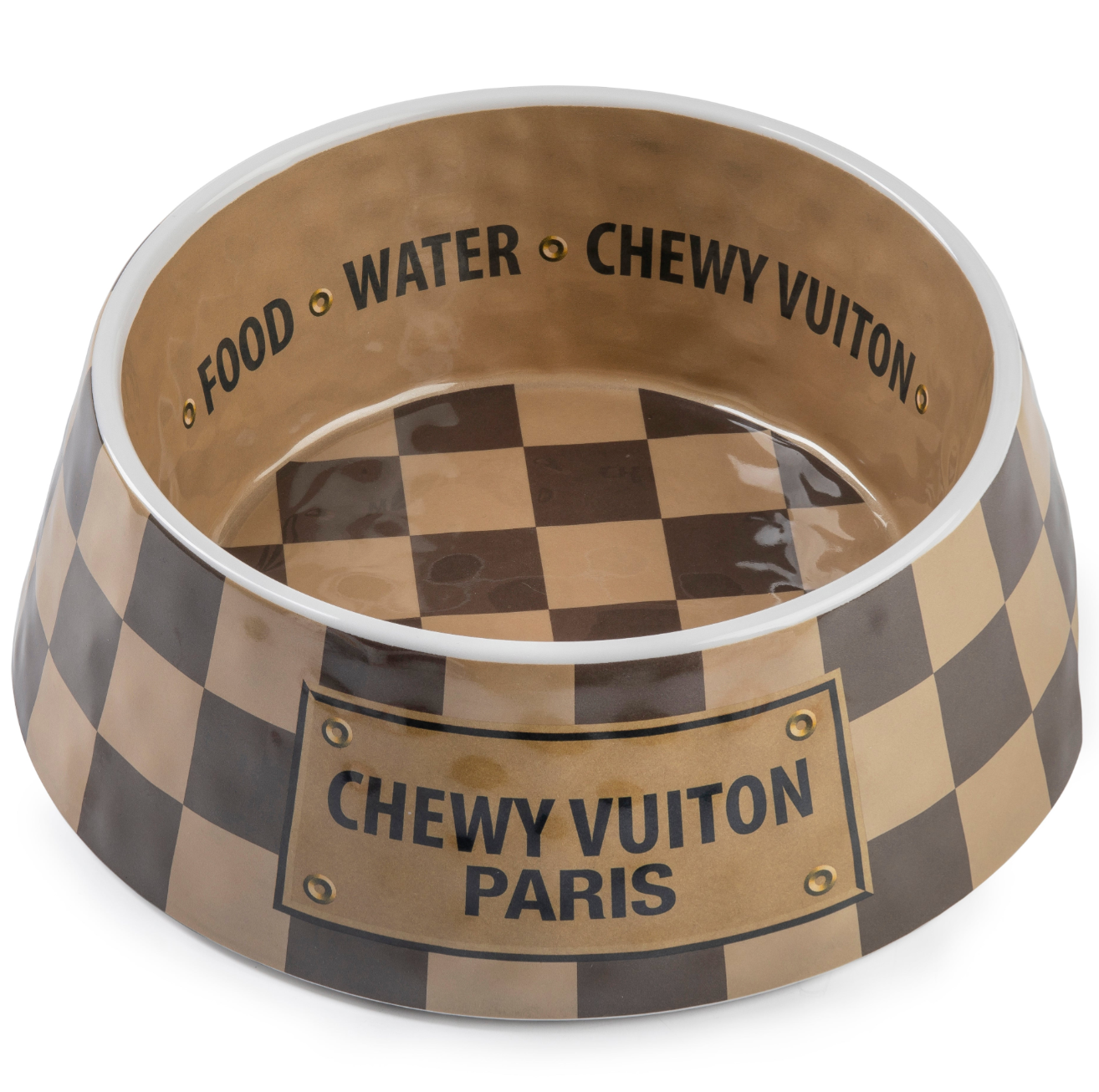 Designer Inspired Pampered Pooch Checker Chewy Vuiton Bowl - Large