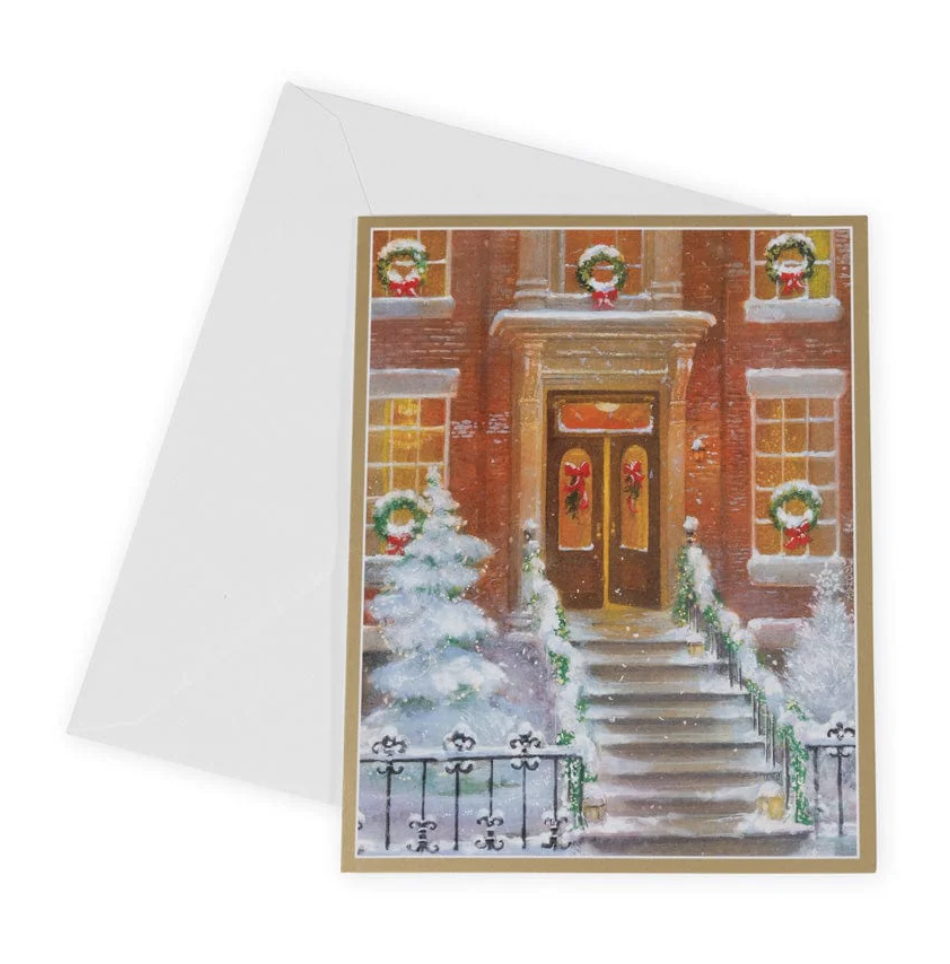 Caspari Decorated Brownstone Boxed Christmas Cards – 15 Cards/Envelopes