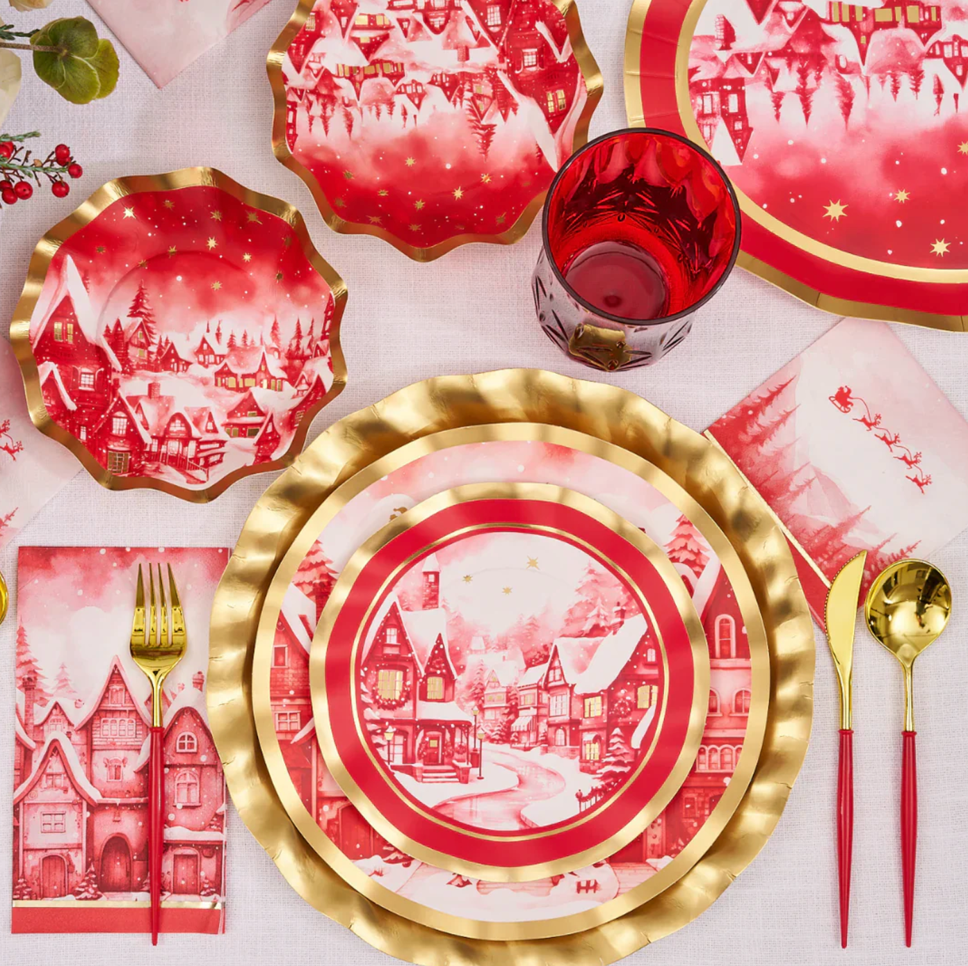 Sophistiplate Wavy Paper Salad Plates – Christmas Village – 8" – 8pk