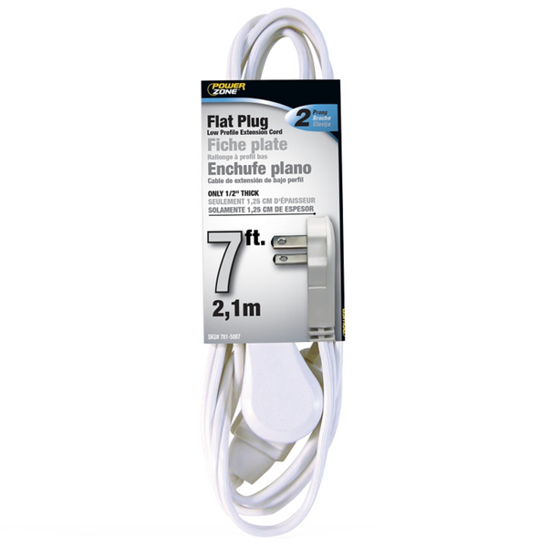 PowerZone Flat Plug Extension Cord – 7ft. – White – S. Feldman