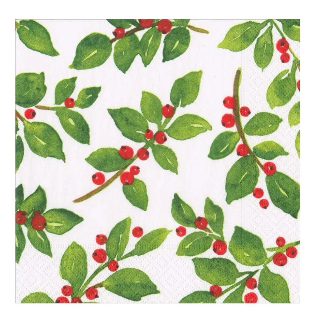 Caspari White Painted Holly Recycled Christmas Cocktail Napkins – 20pk