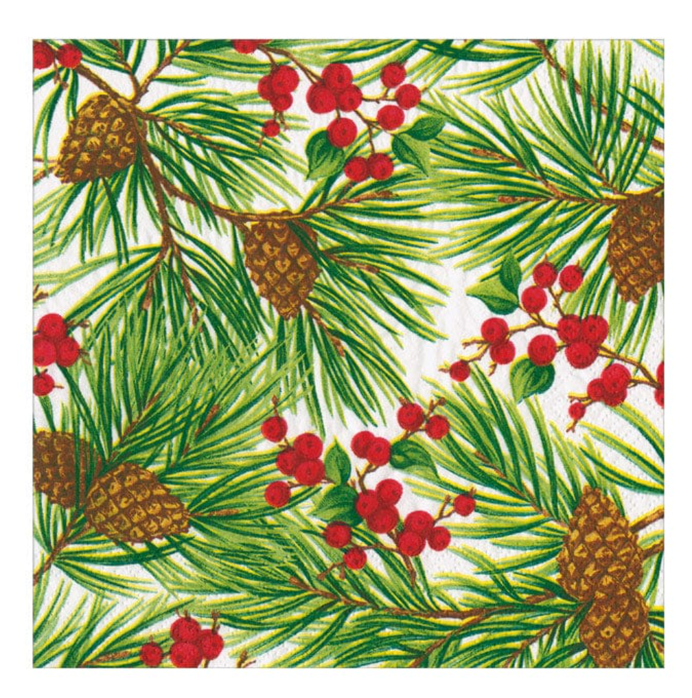 Caspari Evergreen and Berries Christmas Cocktail Napkin - 20pk