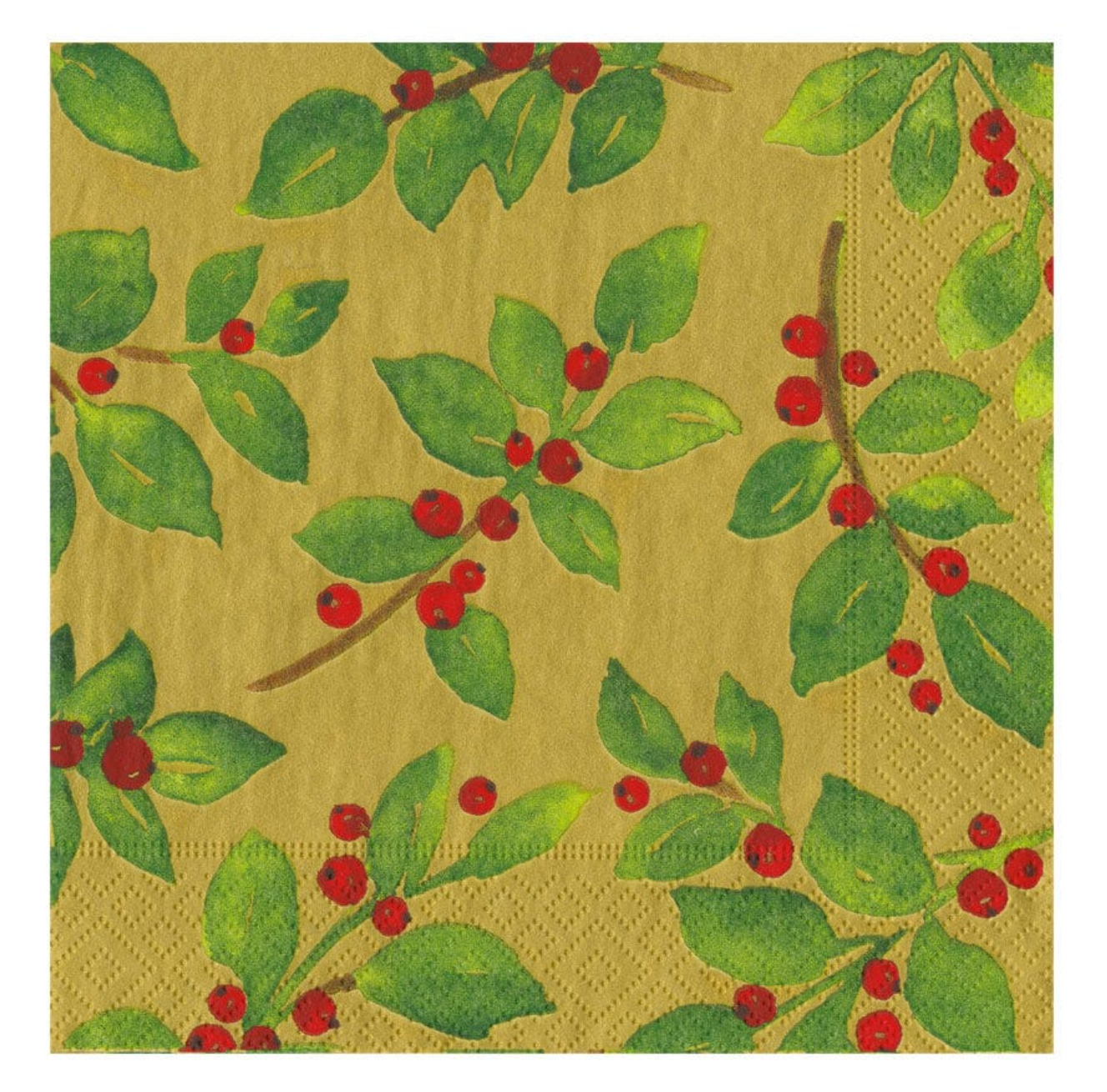 Caspari Painted Holly Gold Recycled Christmas Luncheon Napkins - 20pk