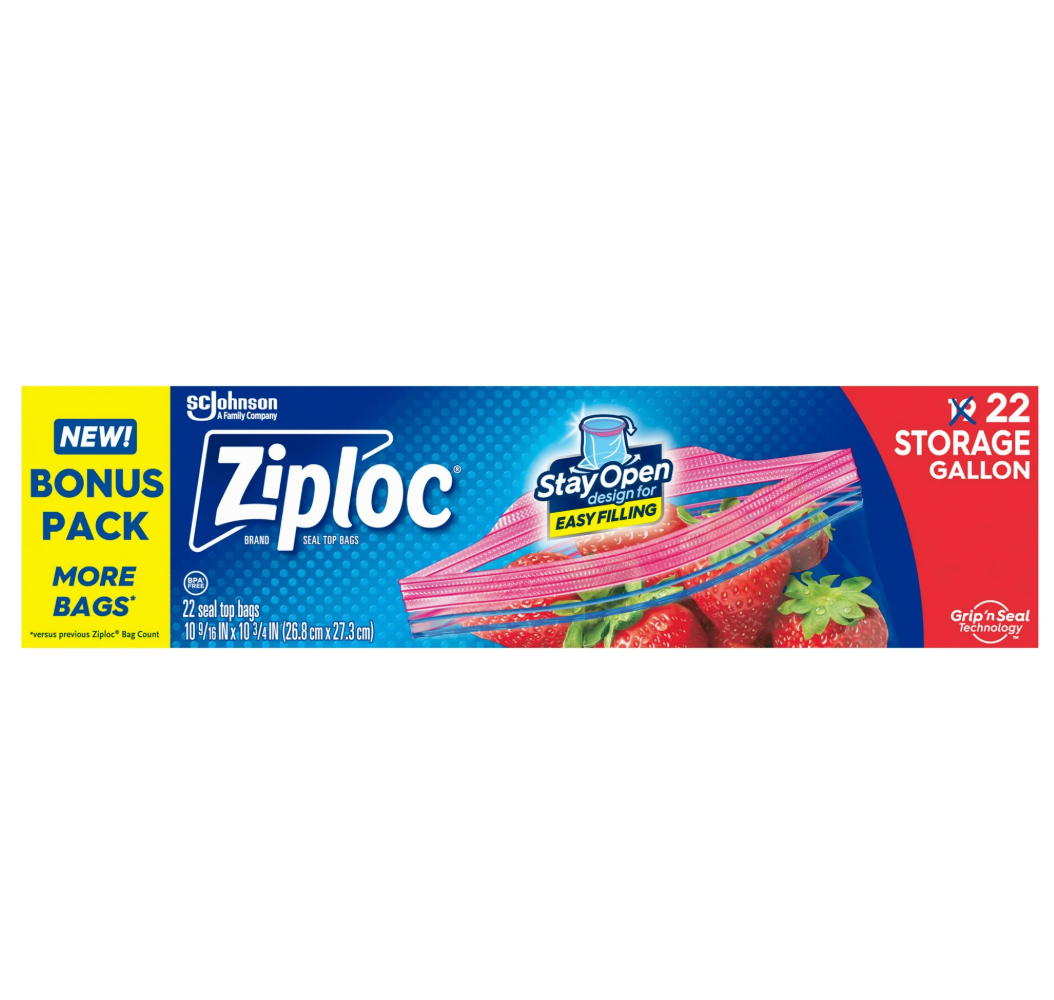Ziploc Pinch & Seal Storage Bags With Stay Open Design– Gallon – 22-Ct.