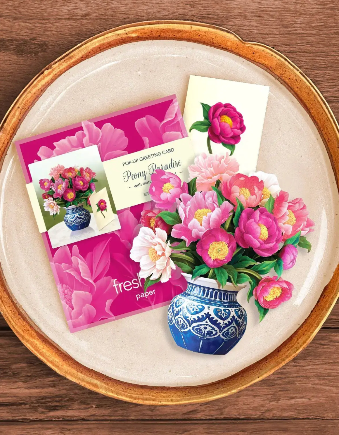 Fresh Cut Paper Mini 3D Pop Up Greeting Note Card –  Peony Paradise – 6" x 5"