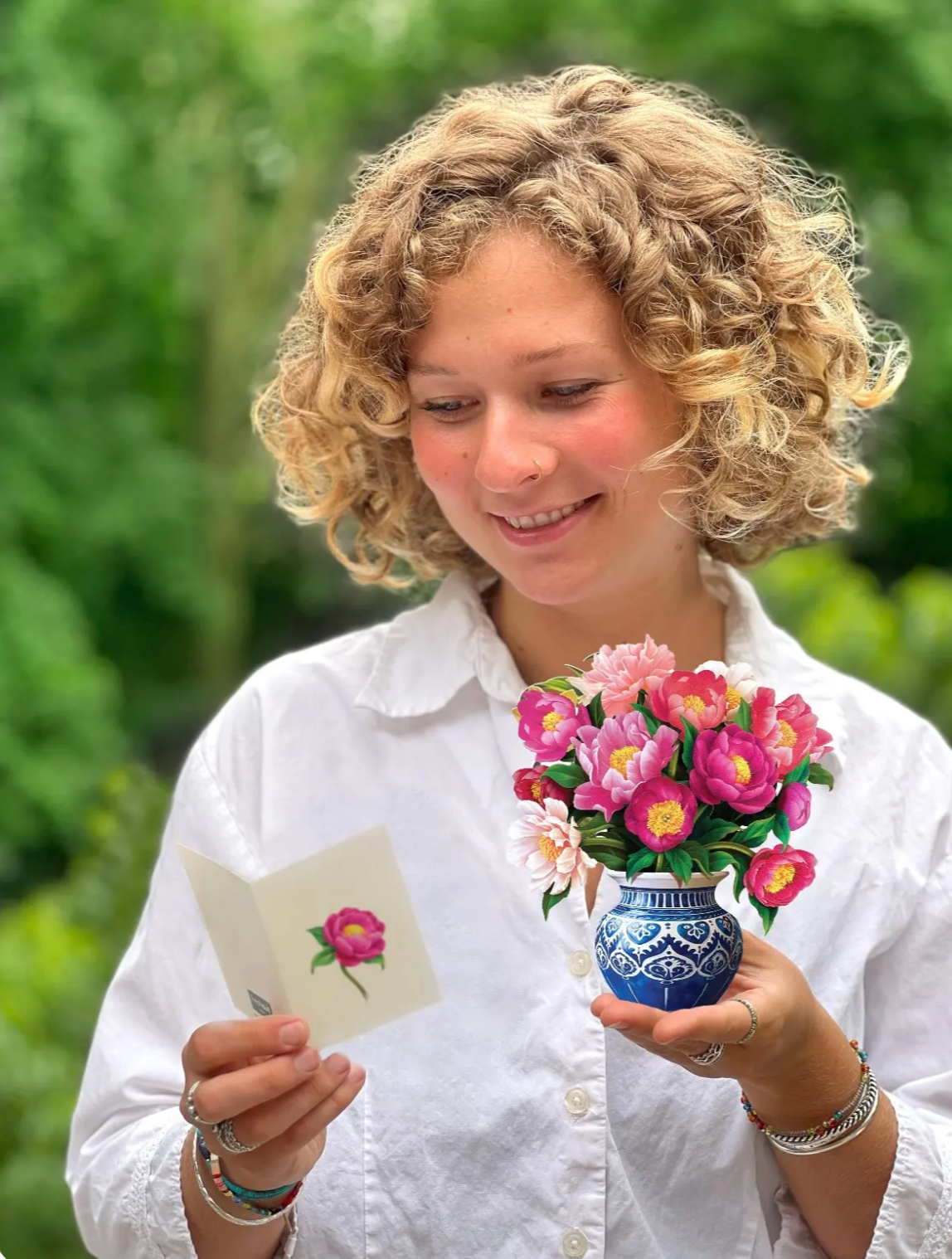 Fresh Cut Paper Mini 3D Pop Up Greeting Note Card –  Peony Paradise – 6" x 5"