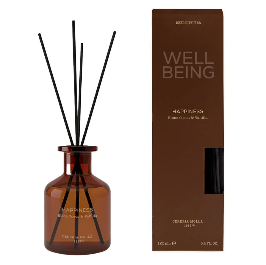 Cereria Molla Well Being Reed Diffuser – Happiness – Blanc Cocoa & Vanilla – 4 oz