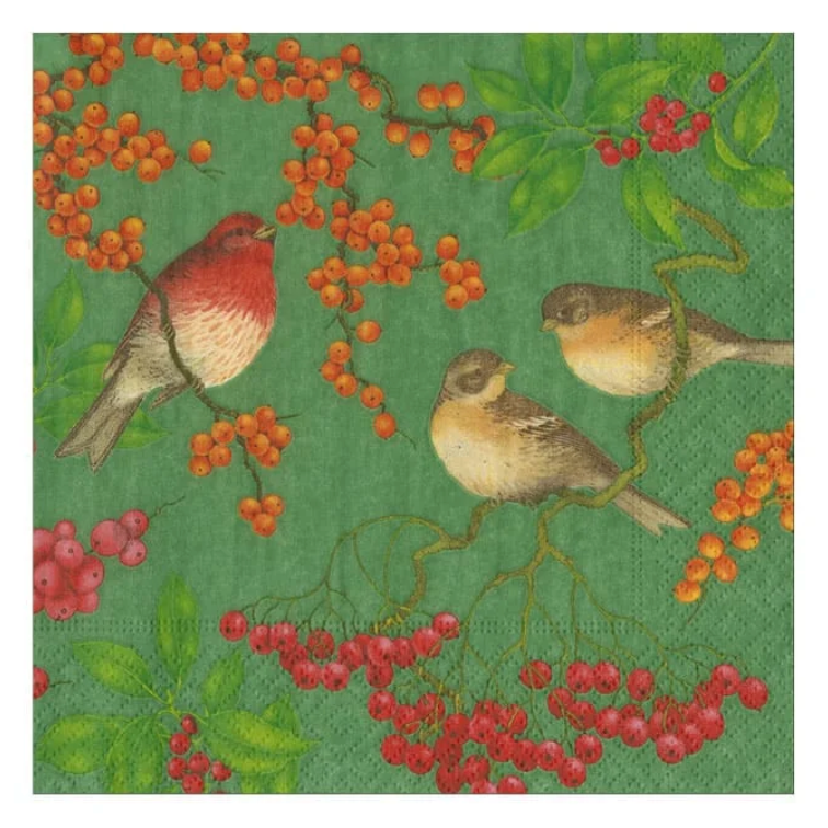Caspari Birds And Berries Green Christmas Cocktail Napkin - 20pk
