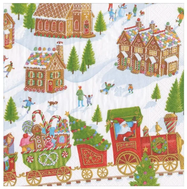 Caspari Gingerbread Village Recycled Christmas Cocktail Napkin - 20pk